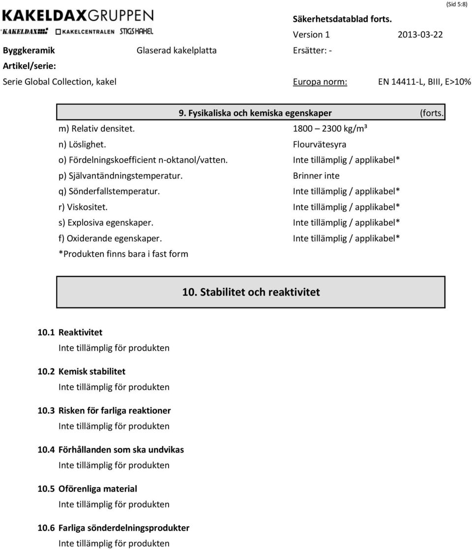 Inte tillämplig / applikabel* s) Explosiva egenskaper. Inte tillämplig / applikabel* f) Oxiderande egenskaper.