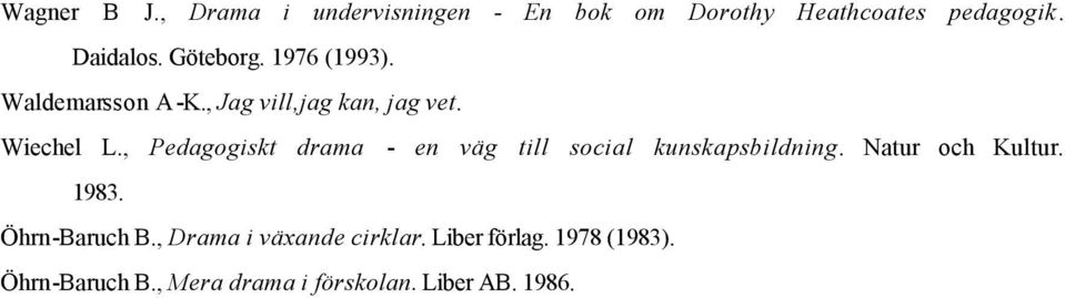 , Pedagogiskt drama - en väg till social kunskapsbildning. Natur och Kultur. 1983.