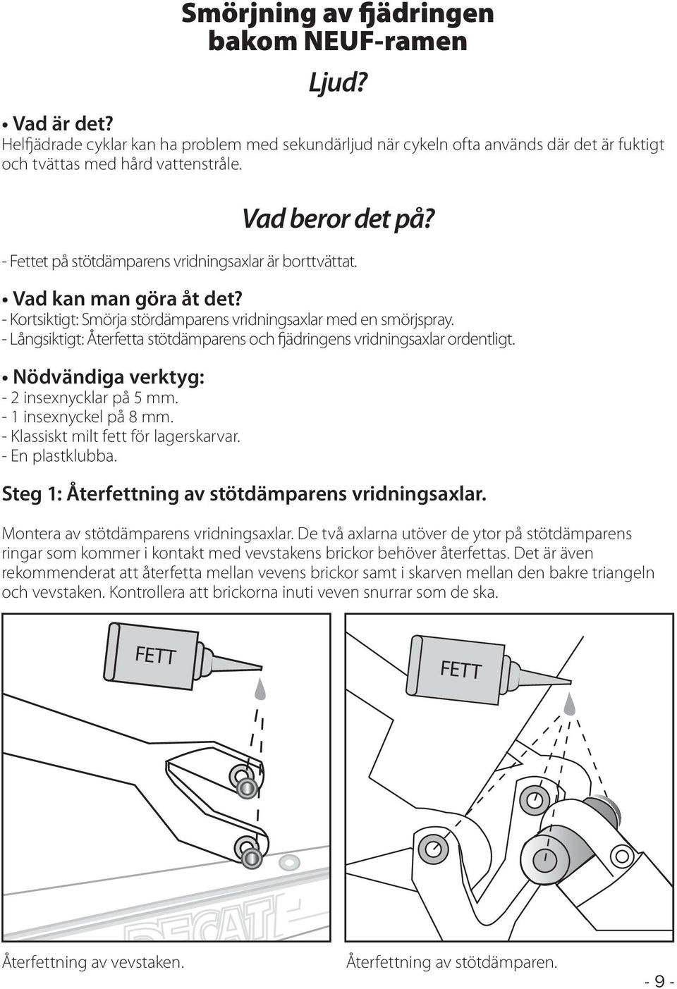 - Långsiktigt: Återfetta stötdämparens och fjädringens vridningsaxlar ordentligt. Nödvändiga verktyg: - 2 insexnycklar på 5 mm. - 1 insexnyckel på 8 mm. - Klassiskt milt fett för lagerskarvar.