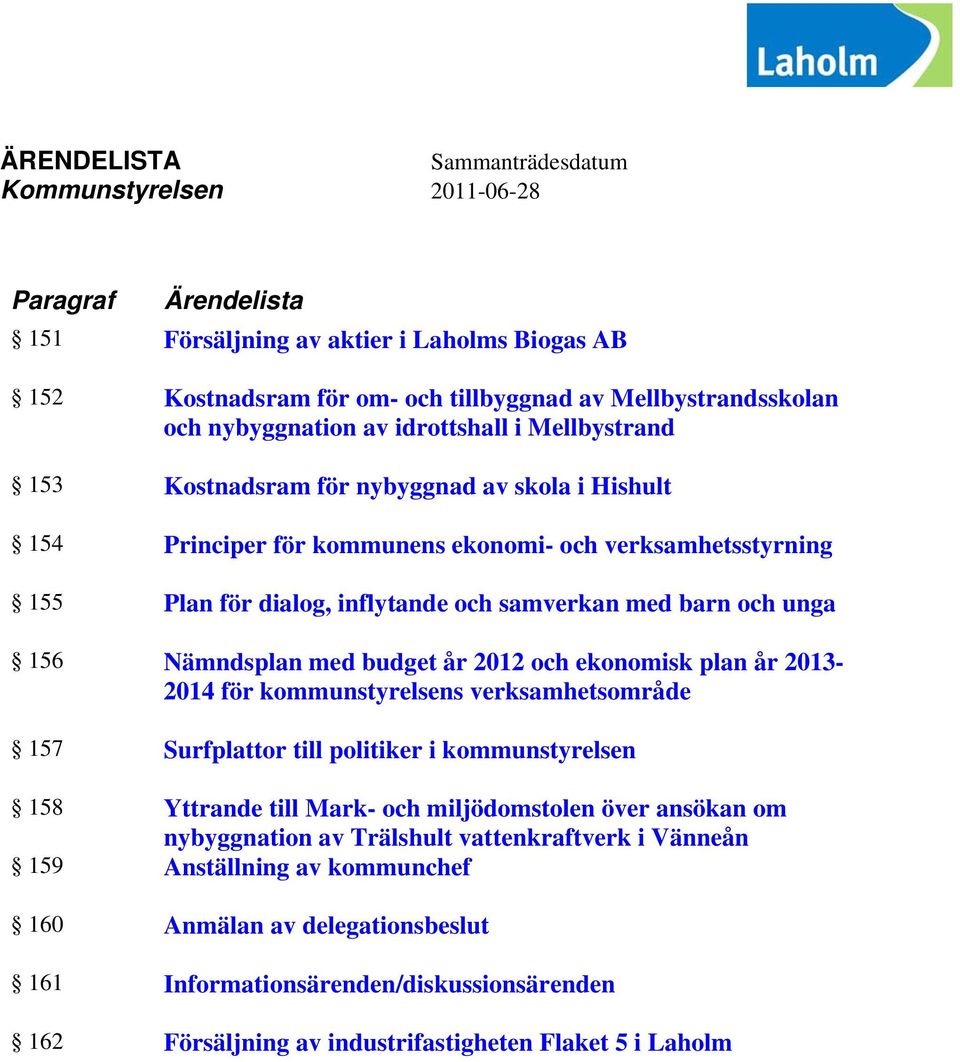 Nämndsplan med budget år 2012 och ekonomisk plan år 2013-2014 för kommunstyrelsens verksamhetsområde 157 Surfplattor till politiker i kommunstyrelsen 158 Yttrande till Mark- och miljödomstolen över