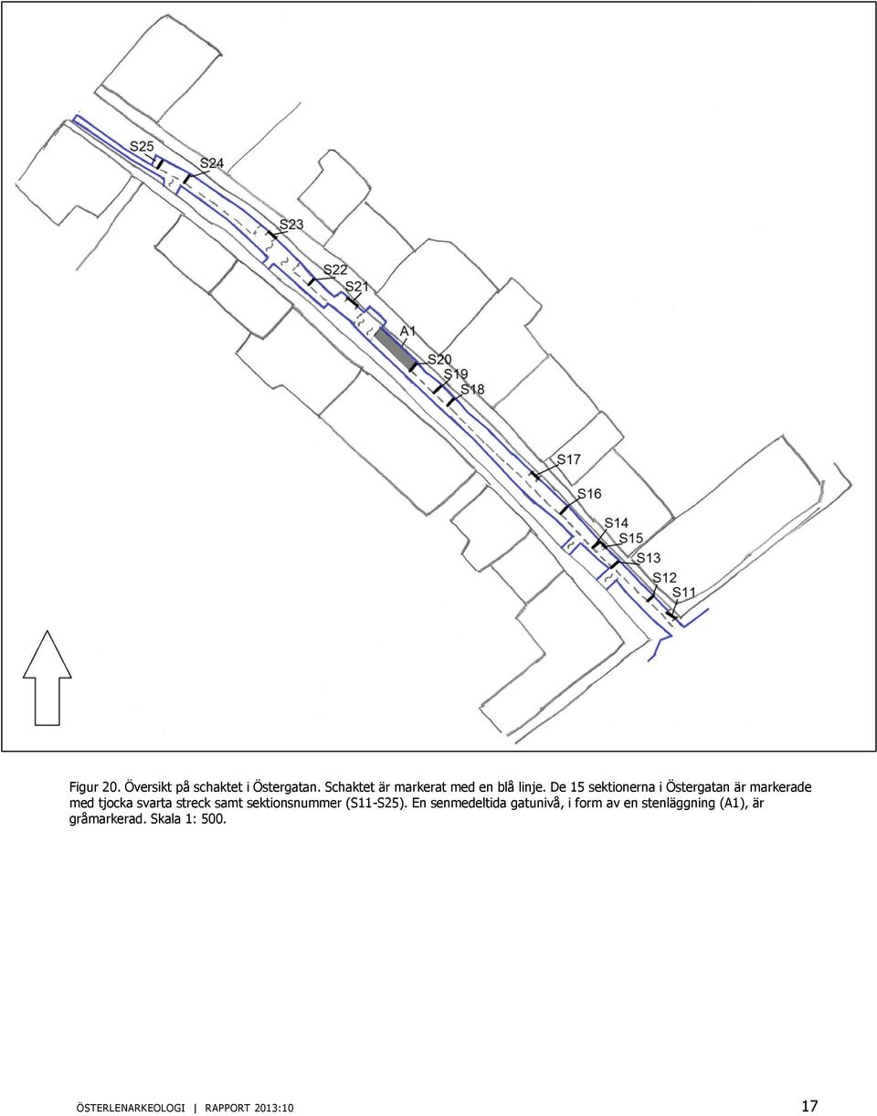 De 15 sektionerna i Östergatan är markerade med tjocka svarta streck samt