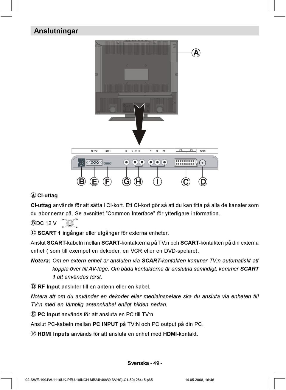 Anslut SCART-kabeln mellan SCART-kontakterna på TV:n och SCART-kontakten på din externa enhet ( som till exempel en dekoder, en VCR eller en DVD-spelare).