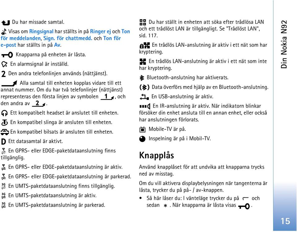 Om du har två telefonlinjer (nättjänst) representeras den första linjen av symbolen, och den andra av. Ett kompatibelt headset är anslutet till enheten. En kompatibel slinga är ansluten till enheten.