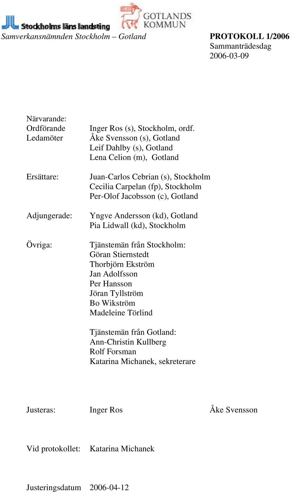 Andersson (kd), Gotland Pia Lidwall (kd), Stockholm Tjänstemän från Stockholm: Göran Stiernstedt Thorbjörn Ekström Jan Adolfsson Per Hansson Jöran Tyllström Bo Wikström Madeleine