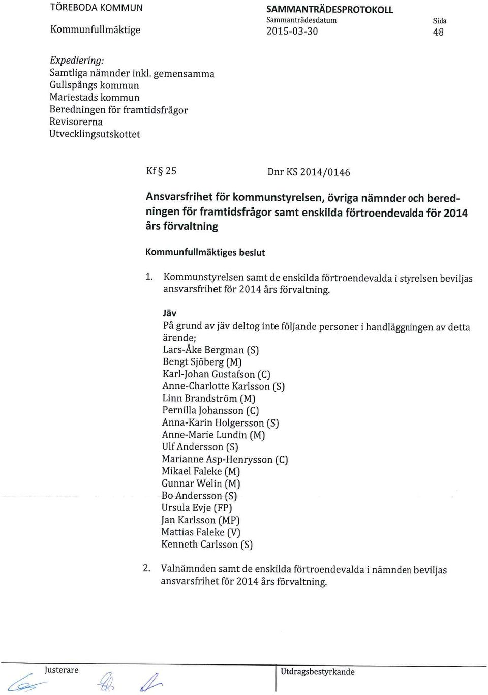 för framtidsfrågor samt enskilda förtroendevalda för 2014 års förvaltning s beslut 1. Kommunstyrelsen samt de enskilda förtroendevalda i styrelsen beviljas ansvarsfrihet för 2014 års förvaltning.