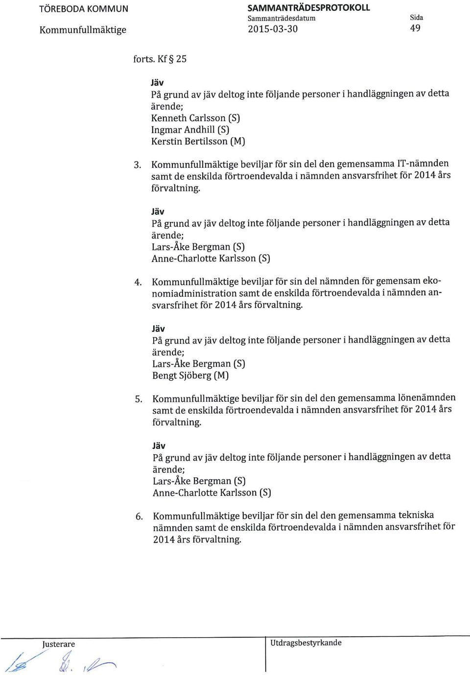 Jäv På grund av jäv deltog inte följande personer i handläggningen av detta ärende; Lars-Åke Bergman (S) Anne-Charlotte Karlsson (S) 4.