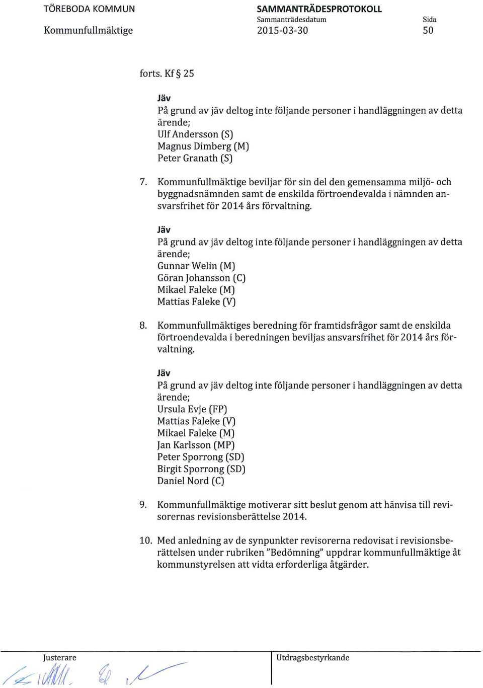 Jäv På grund av jäv deltog inte fö5ande personer i handläggningen av detta ärende; Gunnar Welin (M) Göran Johansson (C) Mikael Faleke (M) Mattias Faleke (V) 8.