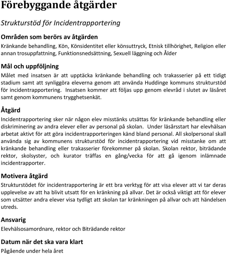 använda Huddinge kommuns strukturstöd för incidentrapportering. Insatsen kommer att följas upp genom elevråd i slutet av läsåret samt genom kommunens trygghetsenkät.