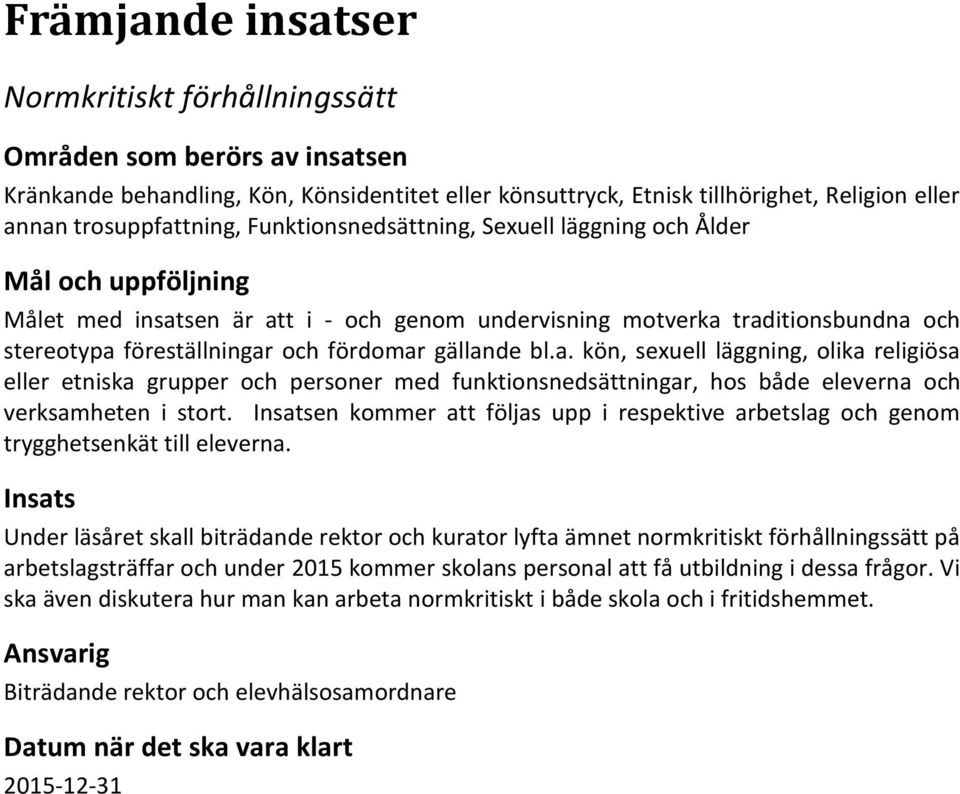 sen är att i - och genom undervisning motverka traditionsbundna och stereotypa föreställningar och fördomar gällande bl.a. kön, sexuell läggning, olika religiösa eller etniska grupper och personer med funktionsnedsättningar, hos både eleverna och verksamheten i stort.