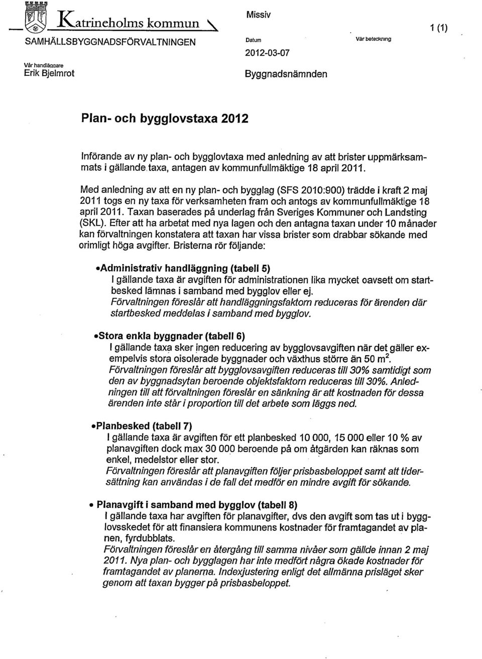 Med anledning av att en ny plan- och bygglag (SFS 2010:900) trädde i kraft 2 maj 2011 togs en nytaxa för verksamheten fram och antogs av kommunfullmäktige 18 april 2011.