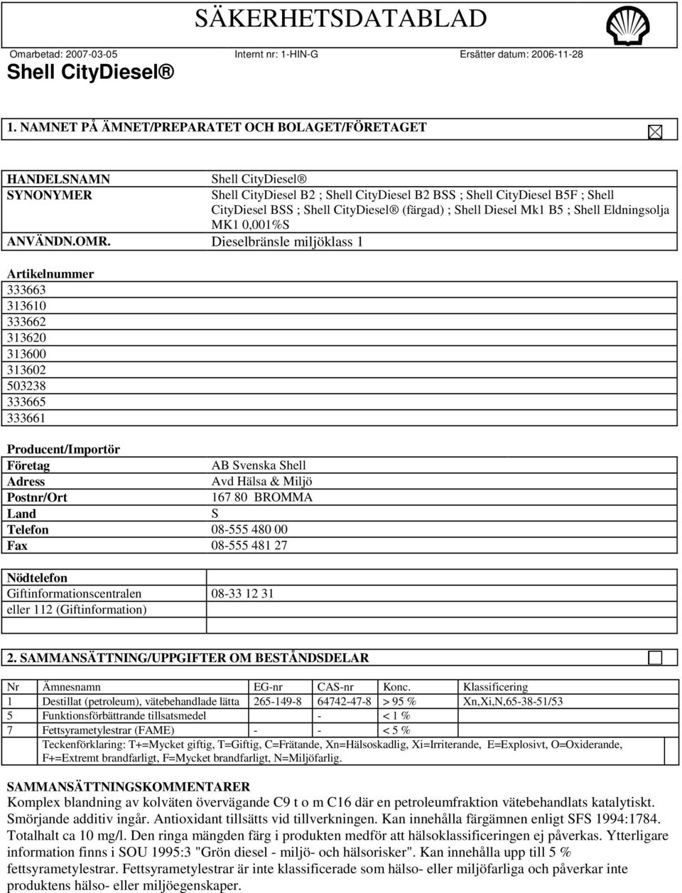 Dieselbränsle miljöklass 1 Artikelnummer 333663 313610 333662 313620 313600 313602 503238 333665 333661 Producent/Importör Företag AB Svenska Shell Adress Avd Hälsa & Miljö Postnr/Ort 167 80 BROMMA