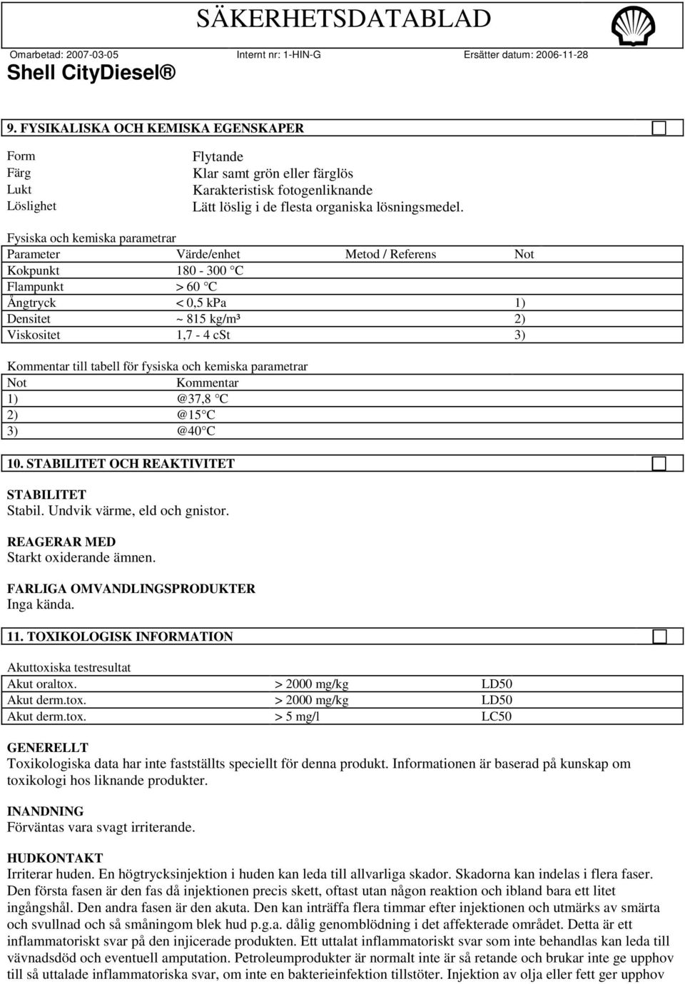 tabell för fysiska och kemiska parametrar Not Kommentar 1) @37,8 C 2) @15 C 3) @40 C 10. STABILITET OCH REAKTIVITET STABILITET Stabil. Undvik värme, eld och gnistor.