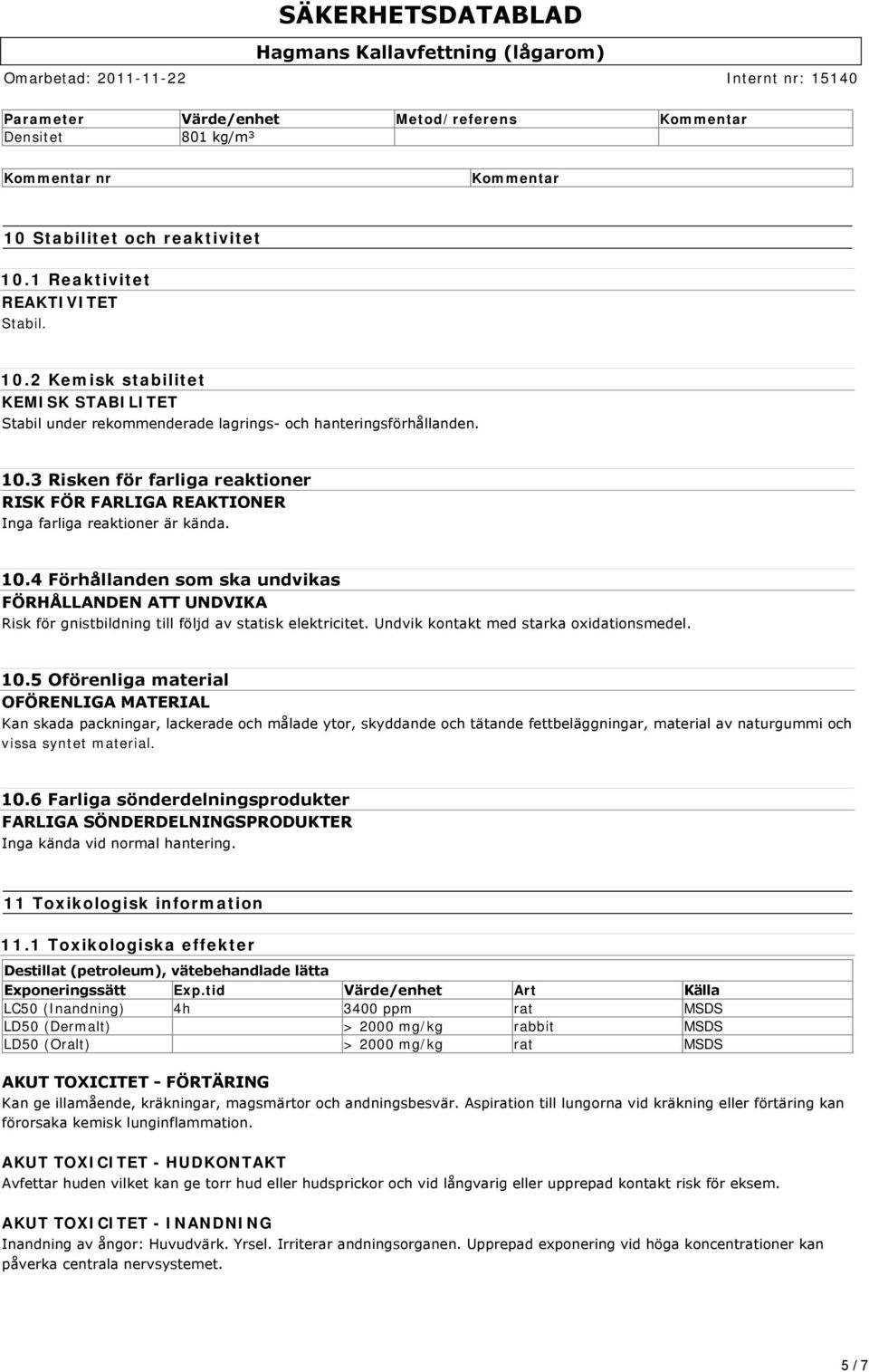 4 Förhållanden som ska undvikas FÖRHÅLLANDEN ATT UNDVIKA Risk för gnistbildning till följd av statisk elektricitet. Undvik kontakt med starka oxidationsmedel. 10.