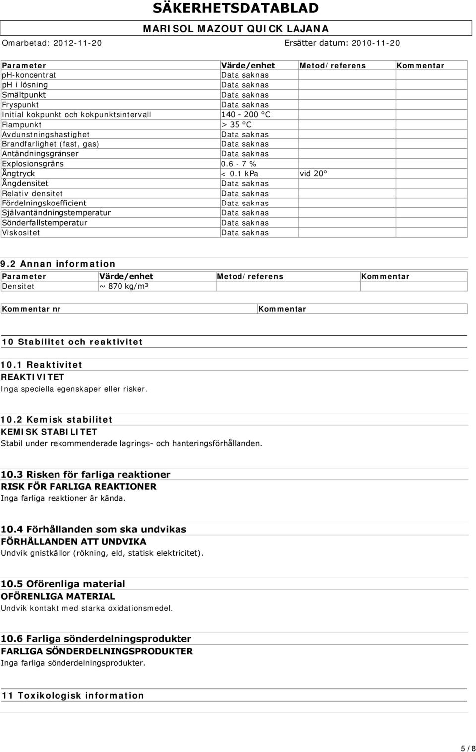 2 Annan information Parameter Värde/enhet Metod/referens Kommentar Densitet ~ 870 kg/m³ Kommentar nr Kommentar 10 Stabilitet och reaktivitet 10.