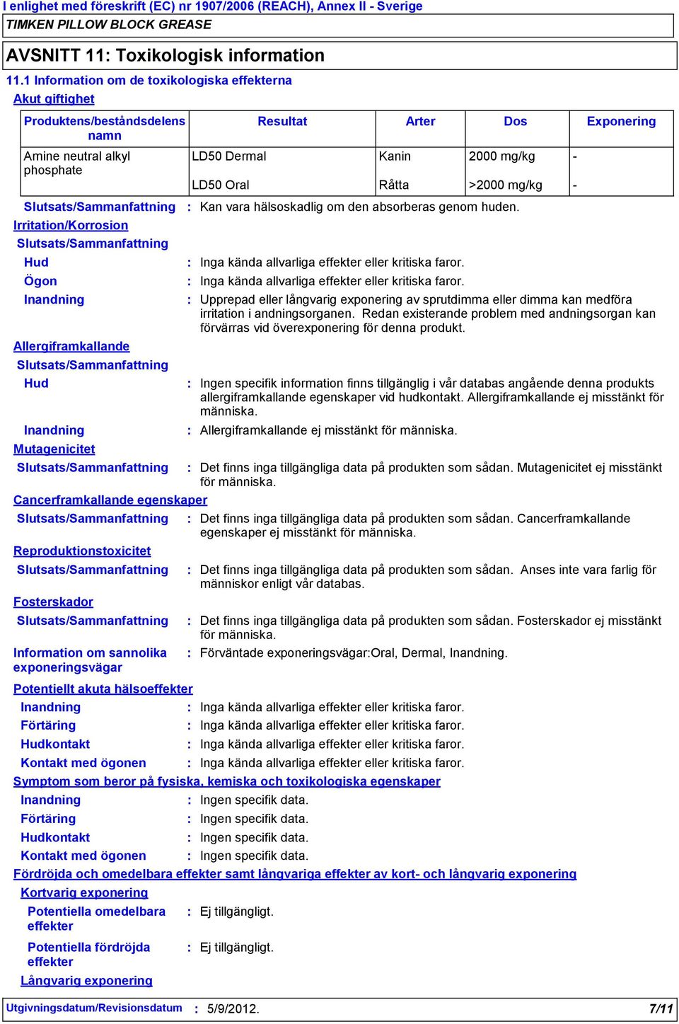 >2000 mg/kg Irritation/Korrosion Hud Ögon Allergiframkallande Hud Mutagenicitet Potentiellt akuta hälsoeffekter Förtäring Hudkontakt Kontakt med ögonen Kan vara hälsoskadlig om den absorberas genom