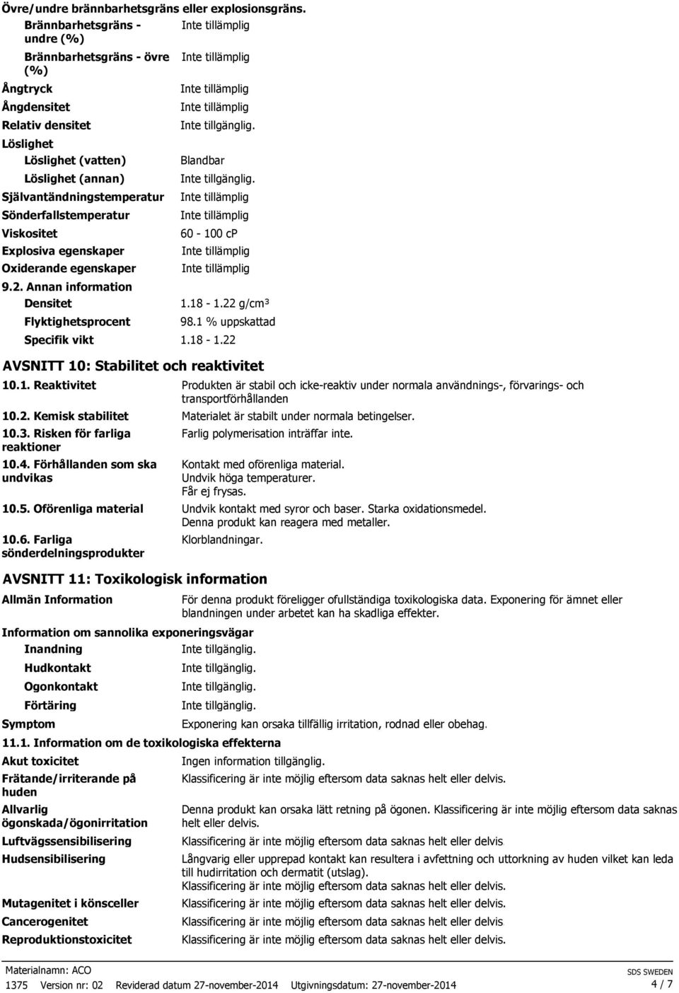 Sönderfallstemperatur Viskositet Explosiva egenskaper Oxiderande egenskaper 9.2. Annan information Densitet Flyktighetsprocent 60-100 cp 1.18-1.22 g/cm³ 98.1 % uppskattad Specifik vikt 1.18-1.22 AVSNITT 10: Stabilitet och reaktivitet 10.