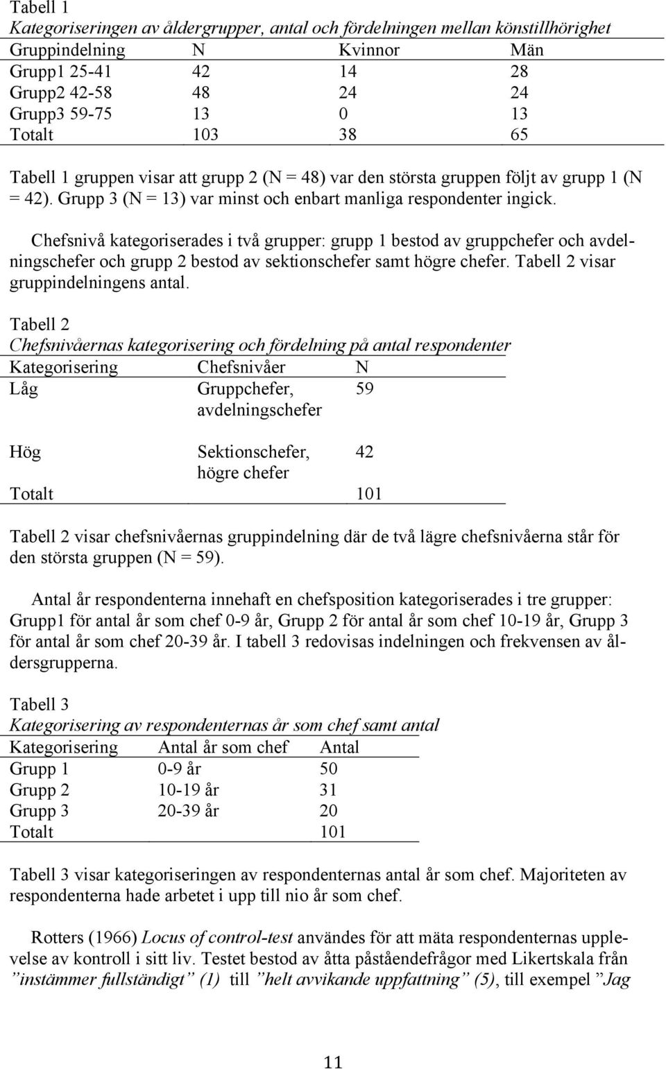 Chefsnivå kategoriserades i två grupper: grupp 1 bestod av gruppchefer och avdelningschefer och grupp 2 bestod av sektionschefer samt högre chefer. Tabell 2 visar gruppindelningens antal.