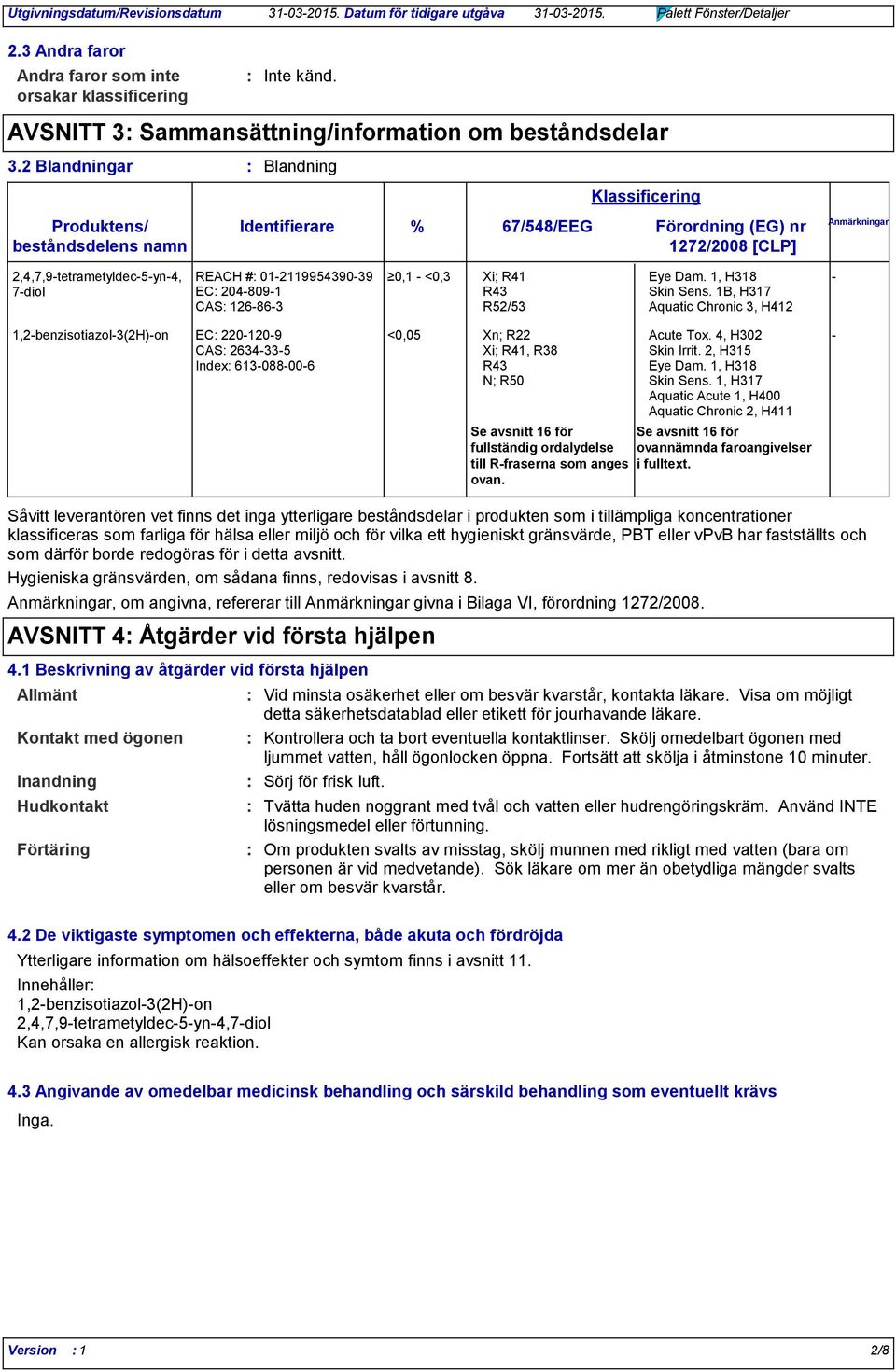 1, H318 EC 2048091 R43 Skin Sens. 1B, H317 CAS 126863 R52/53 Aquatic Chronic 3, H412 1,2benzisotiazol3(2H)on EC 2201209 <0,05 Xn; R22 Acute Tox. 4, H302 CAS 2634335 Xi; R41, R38 Skin Irrit.