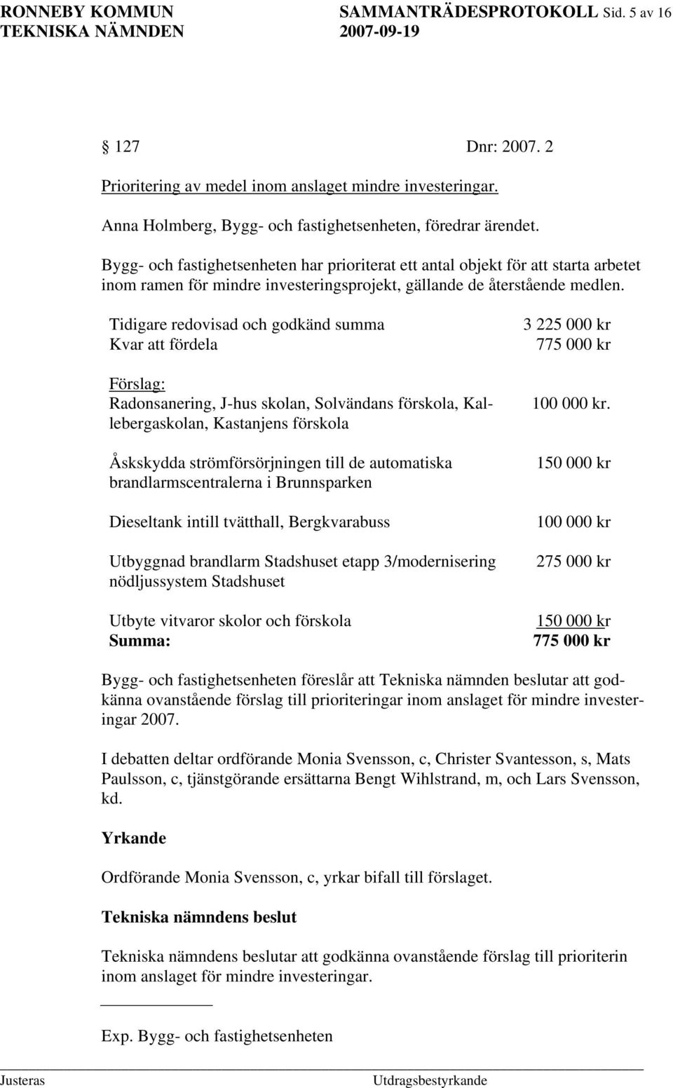 Tidigare redovisad och godkänd summa Kvar att fördela Förslag: Radonsanering, J-hus skolan, Solvändans förskola, Kallebergaskolan, Kastanjens förskola Åskskydda strömförsörjningen till de automatiska