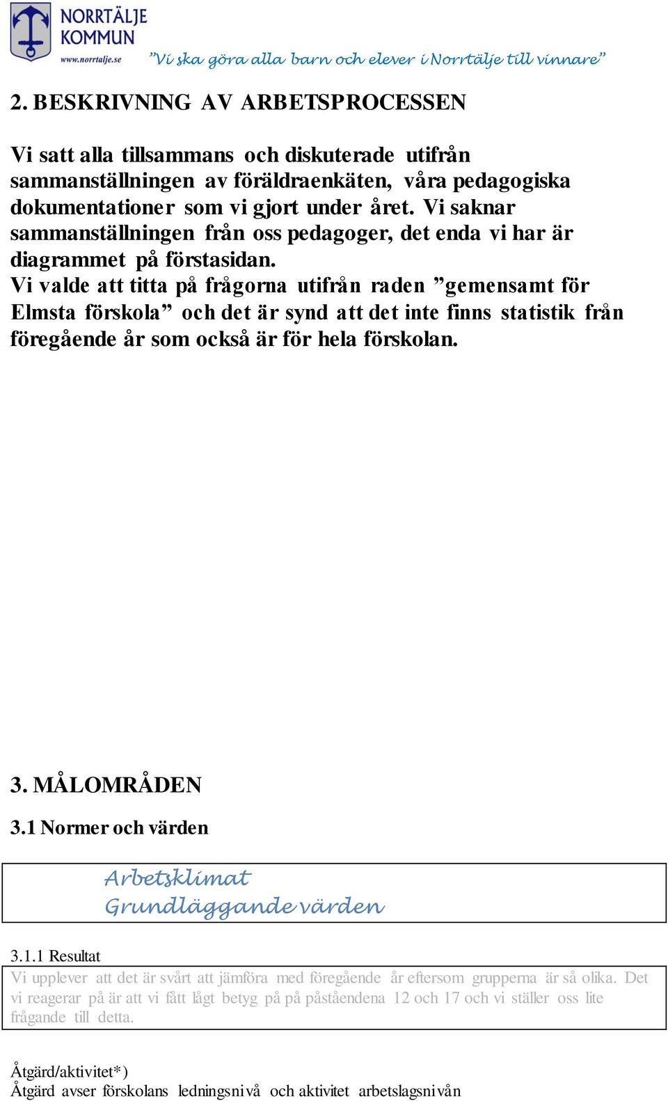 Vi valde att titta på frågorna utifrån raden gemensamt för Elmsta förskola och det är synd att det inte finns statistik från föregående år som också är för hela förskolan. 3.