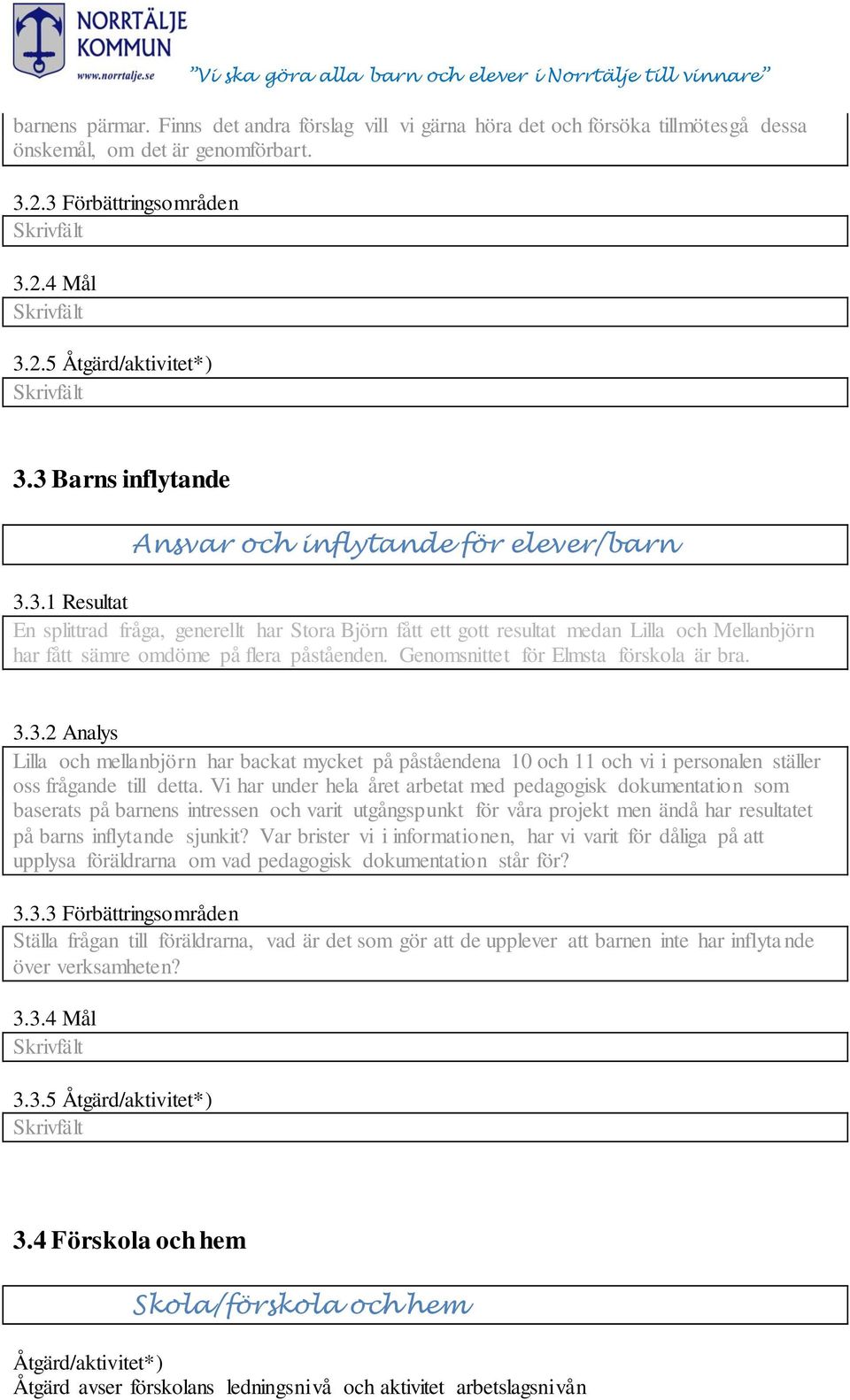 Genomsnittet för Elmsta förskola är bra. 3.3.2 Analys Lilla och mellanbjörn har backat mycket på påståendena 10 och 11 och vi i personalen ställer oss frågande till detta.