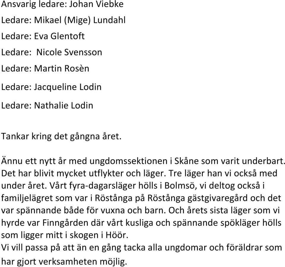 Vårt fyra-dagarsläger hölls i Bolmsö, vi deltog också i familjelägret som var i Röstånga på Röstånga gästgivaregård och det var spännande både för vuxna och barn.