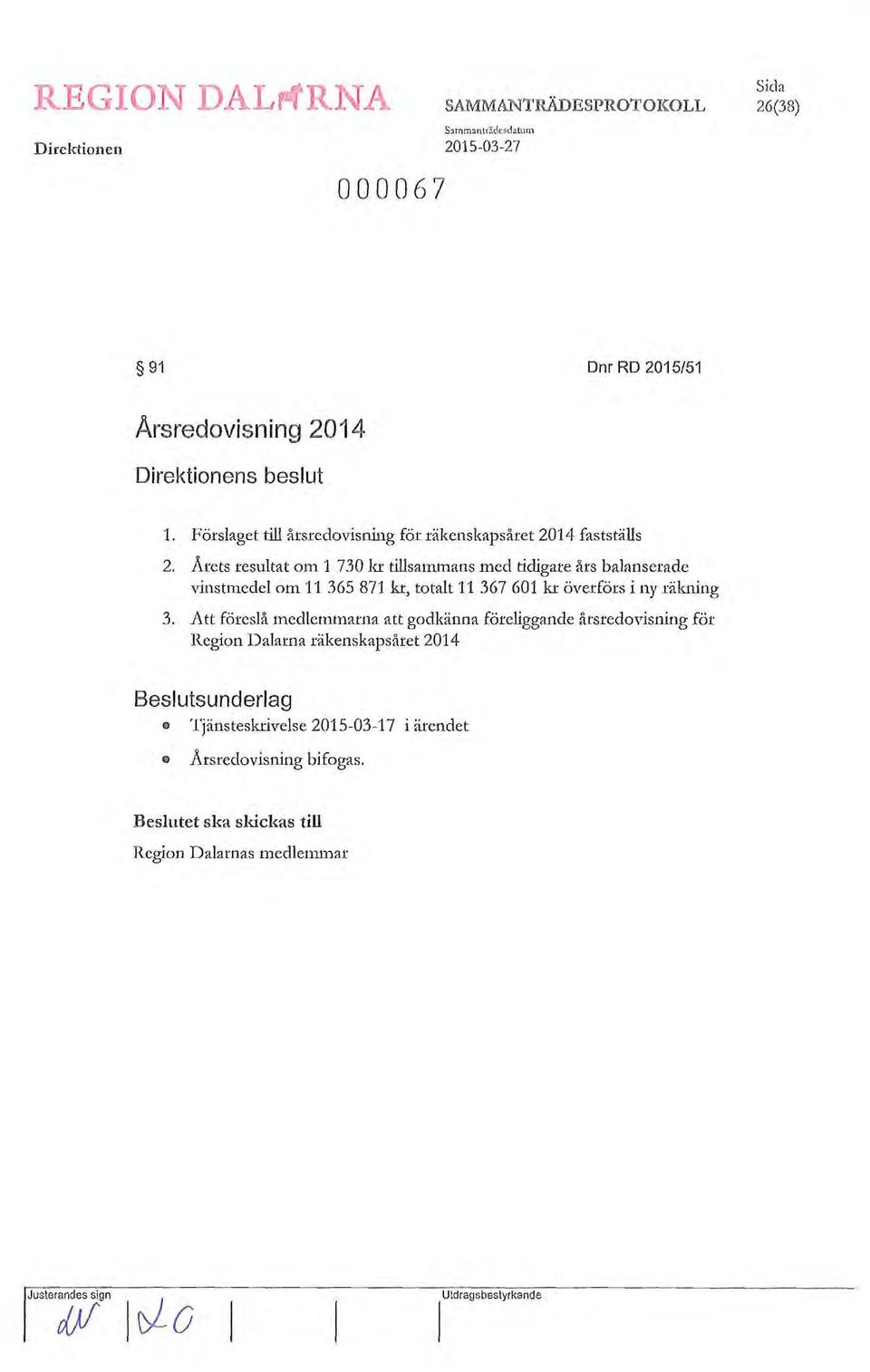 Arets resultat om 1 730 kr tillsammans med tidigare års balanserade vinstmedel om 11 365 871 kr, totalt 11 367 601 kr överförs i ny räkning 3.