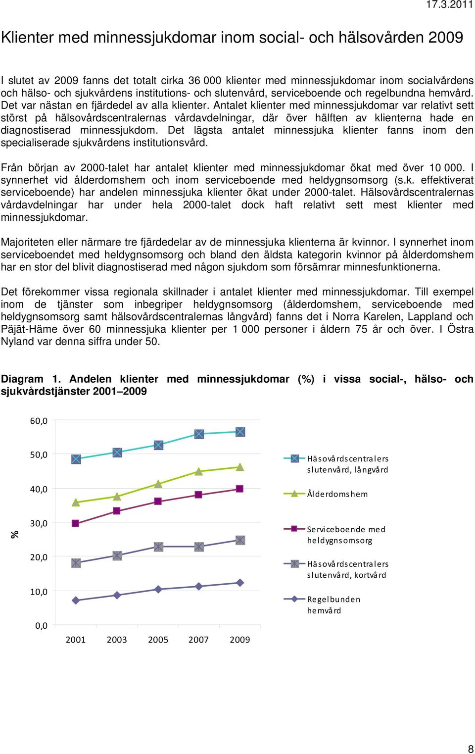 Antalet klienter med minnessjukdomar var relativt sett störst på hälsovårdscentralernas vårdavdelningar, där över hälften av klienterna hade en diagnostiserad minnessjukdom.