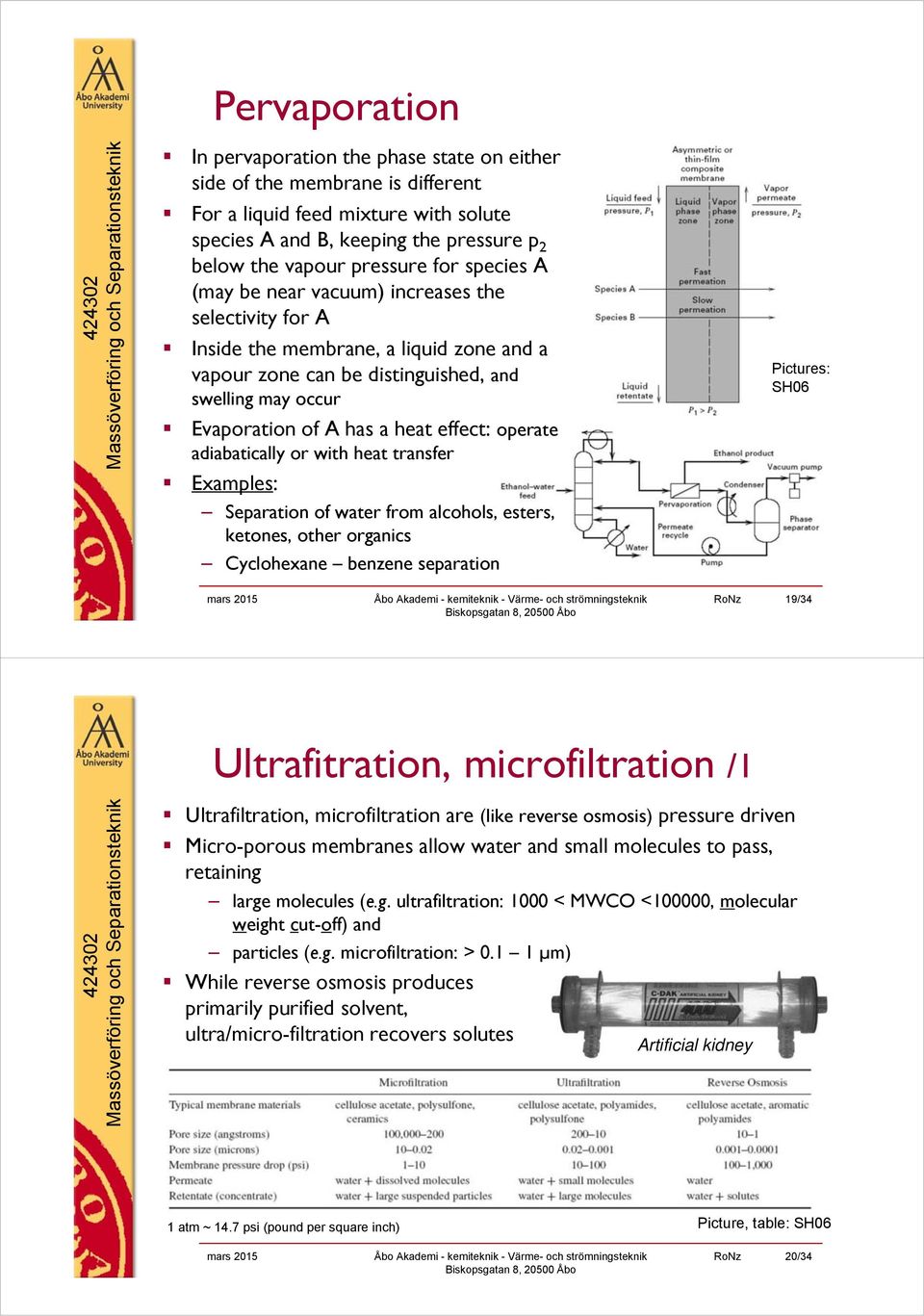 effect: operate adiabatically or with heat transfer Examples: Separation of water from alcohols, esters, ketones, other organics Cyclohexane benzene separation Pictures: SH06 19/34 Ultrafitration,