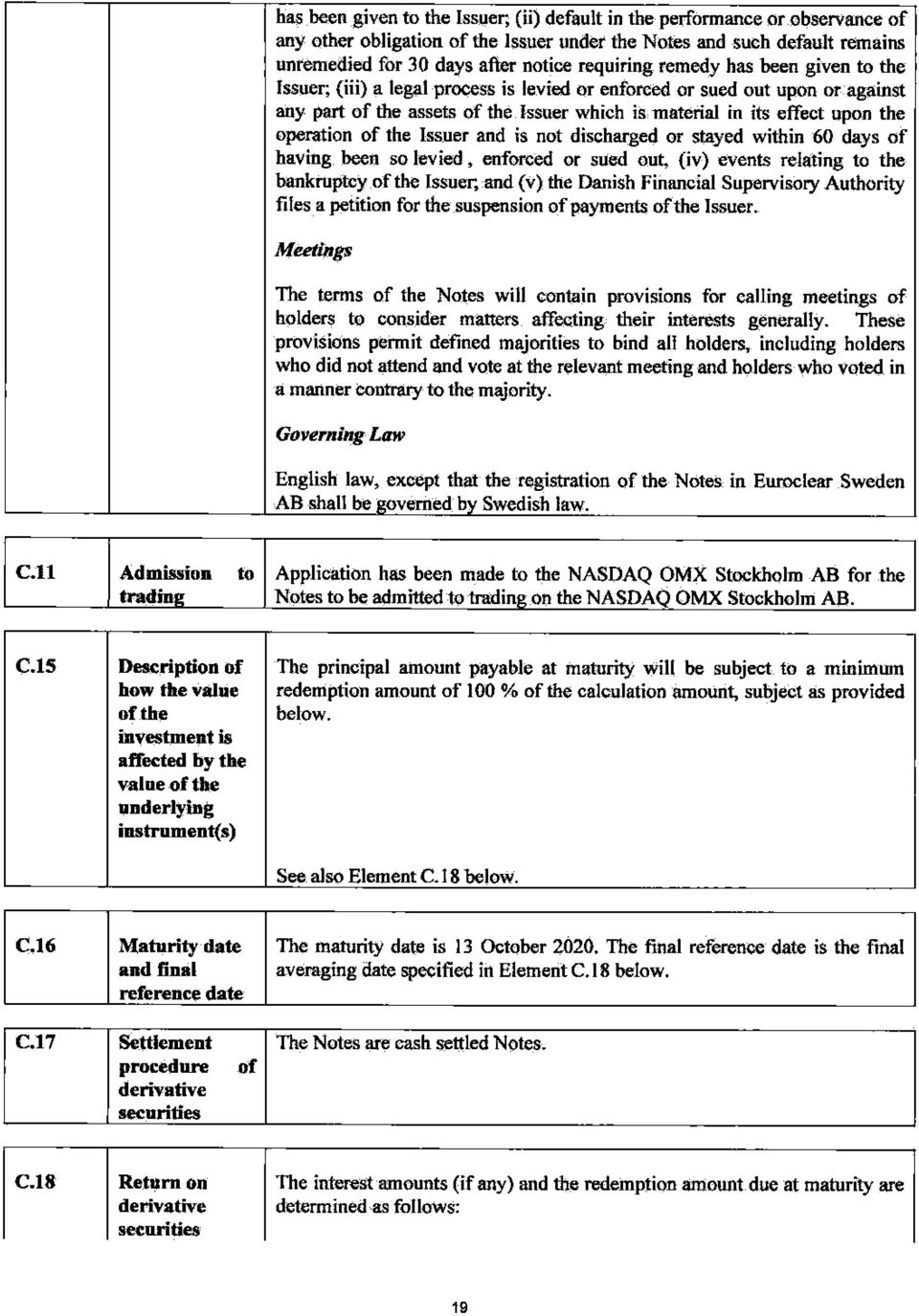 operation of the Issuer and is not discharged or stayed within 60 days of having been so levied, enforced or sued out, (iv) events relating to the bankruptcy of the Issuer, and (v) the Danish