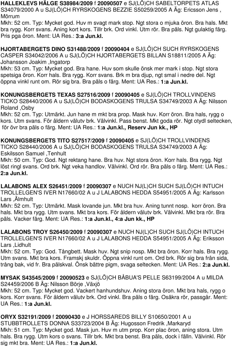 kl. HJORTABERGETS DINO S31488/2009 f 20090404 e SJ(LÖ)CH SUCH RYRSKOGENS CASPER S34042/2006 A u SJ(LÖ)CH HJORTABERGETS BILLAN S18811/2005 A Äg: Johansson Joakim,Ingatorp Mkh: 53 cm. Typ: Mycket god.