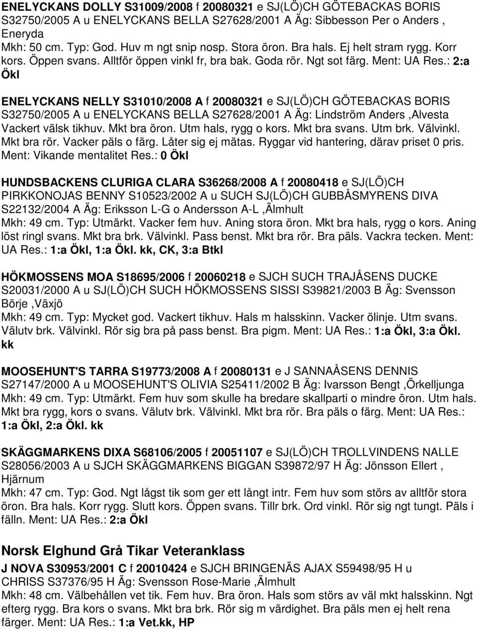 : 2:a Ökl ENELYCKANS NELLY S31010/2008 A f 20080321 e SJ(LÖ)CH GÖTEBACKAS BORIS S32750/2005 A u ENELYCKANS BELLA S27628/2001 A Äg: Lindström Anders,Alvesta Vackert välsk tikhuv. Mkt bra öron.