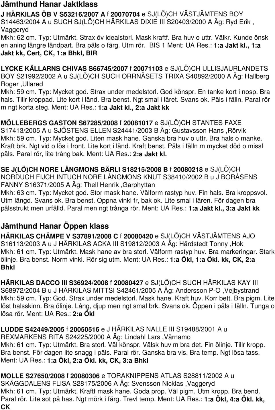 , 1:a Jakt kk, Cert, CK, 1:a Bhkl, BIR LYCKE KÄLLARNS CHIVAS S66745/2007 f 20071103 e SJ(LÖ)CH ULLISJAURLANDETS BOY S21992/2002 A u SJ(LÖ)CH SUCH ORRNÄSETS TRIXA S40892/2000 A Äg: Hallberg