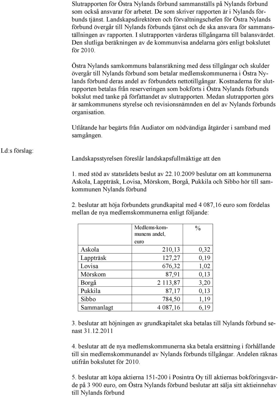 I slutrapporten värderas tillgångarna till balansvärdet. Den slutliga beräkningen av de kommunvisa andelarna görs enligt bokslutet för 2010.