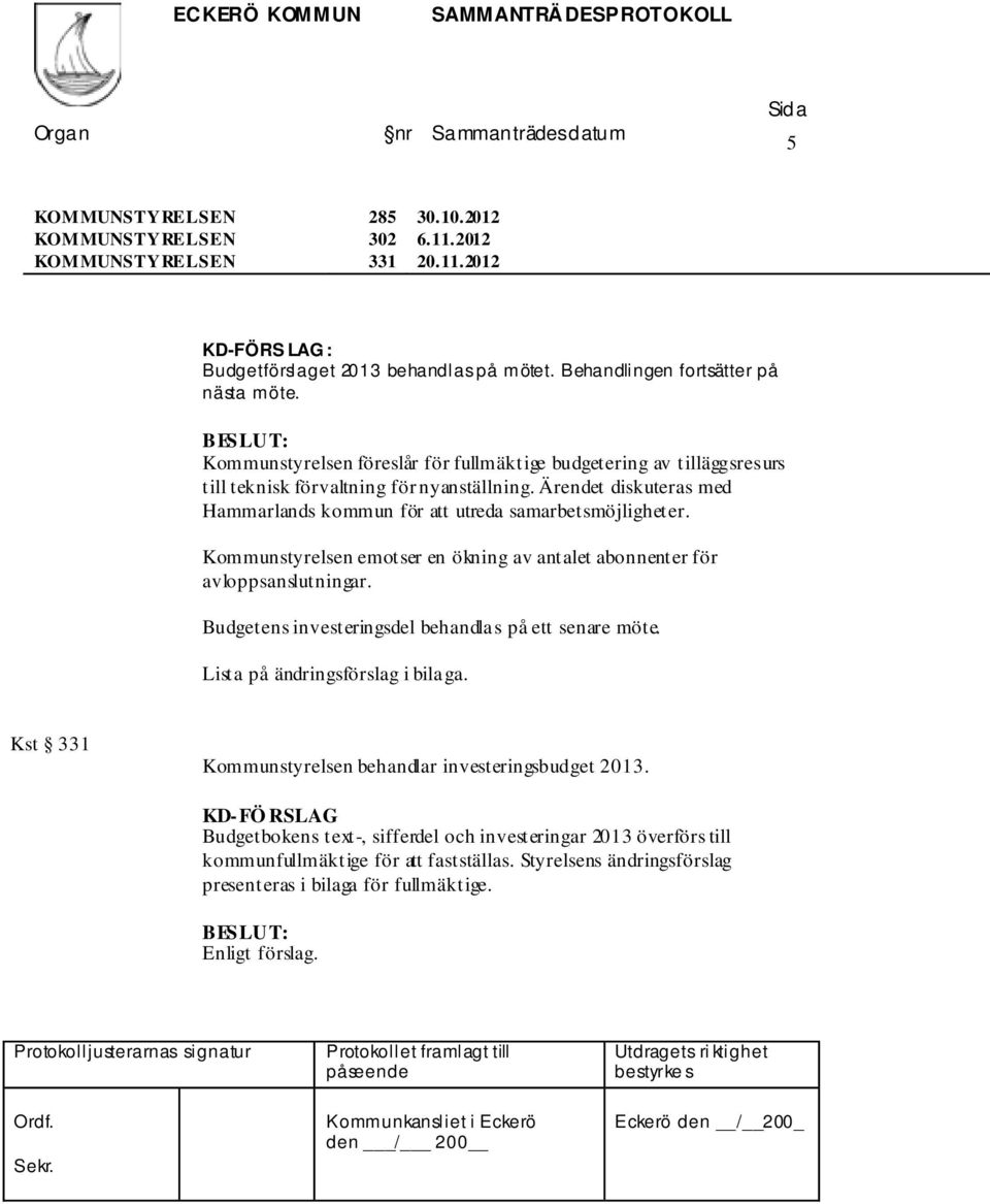 Kommunstyrelsen emotser en ökning av antalet abonnenter för avloppsanslutningar. Budgetens investeringsdel behandlas på ett senare möte. Lista på ändringsförslag i bilaga.