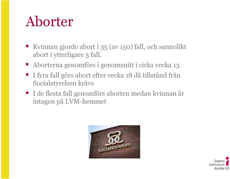 Aborterna genomförs i genomsnitt i cirka vecka 13 I fyra fall görs abort