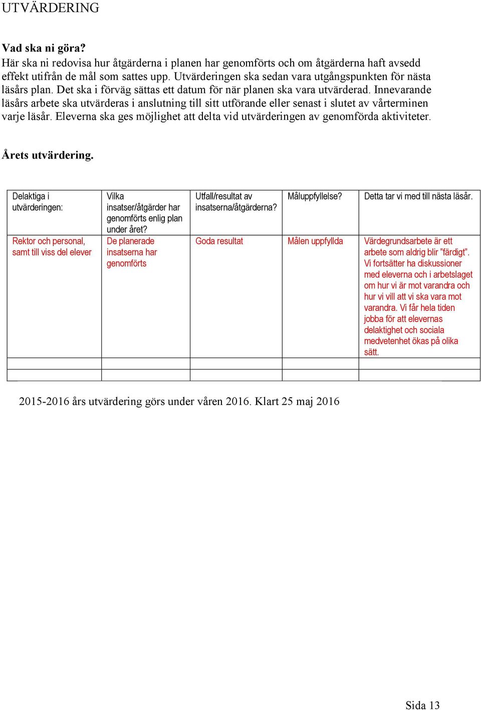 Innevarande läsårs arbete ska utvärderas i anslutning till sitt utförande eller senast i slutet av vårterminen varje läsår.