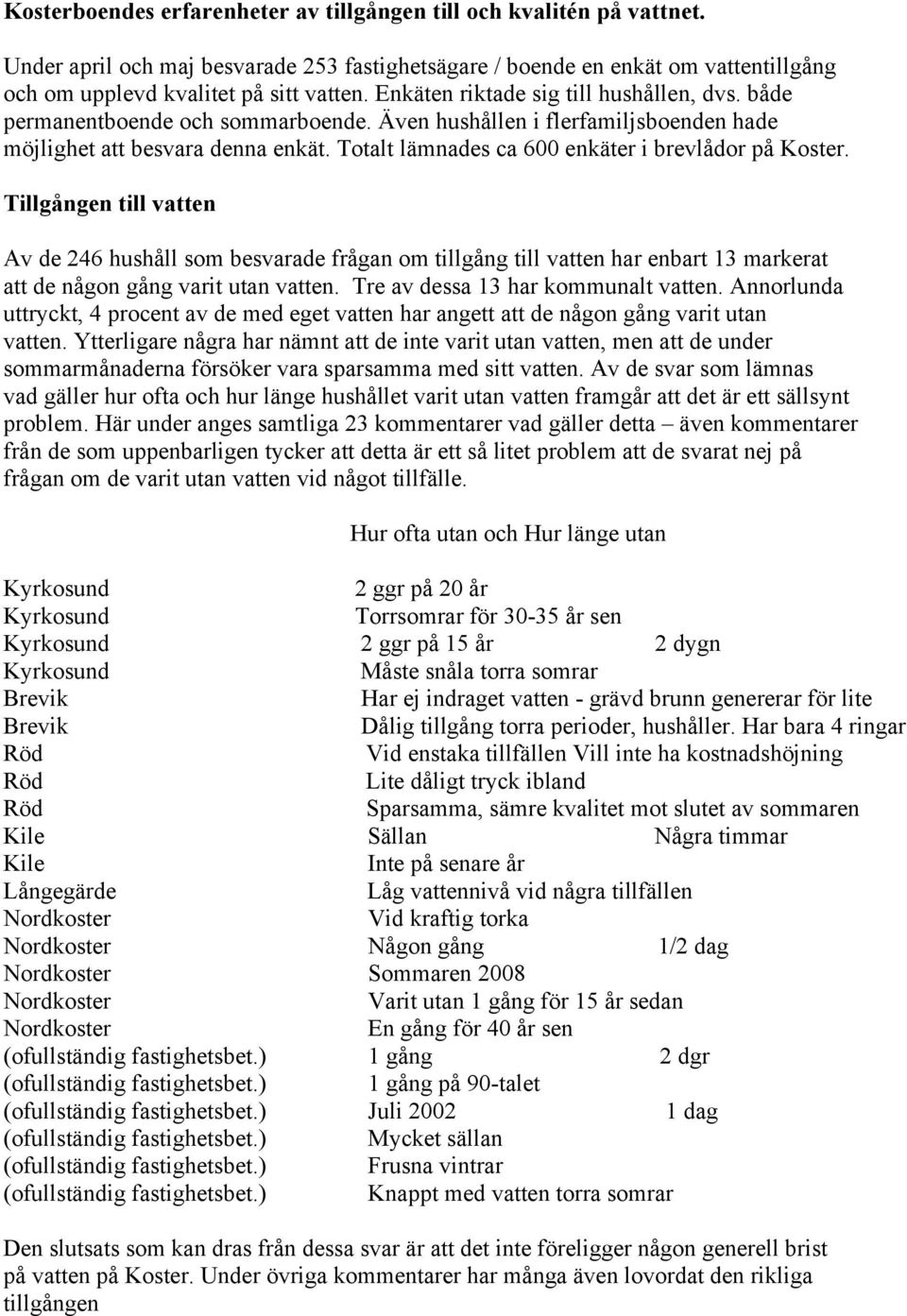 Totalt lämnades ca 600 enkäter i brevlådor på Koster. Tillgången till vatten Av de 246 hushåll som besvarade frågan om tillgång till vatten har enbart 13 markerat att de någon gång varit utan vatten.