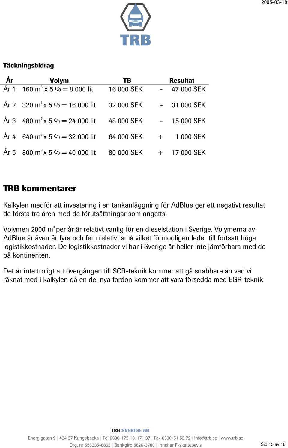 ett negativt resultat de första tre åren med de förutsättningar som angetts. Volymen 2000 m 3 per år är relativt vanlig för en dieselstation i Sverige.