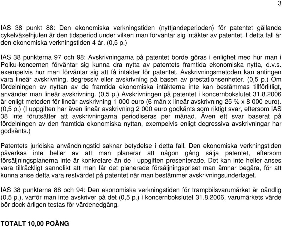 ) IAS 38 punkterna 97 och 98: Avskrivningarna på patentet borde göras i enlighet med hur man i Polku-koncernen förväntar sig kunna dra nytta av patentets framtida ekonomiska nytta, d.v.s. exempelvis hur man förväntar sig att få intäkter för patentet.