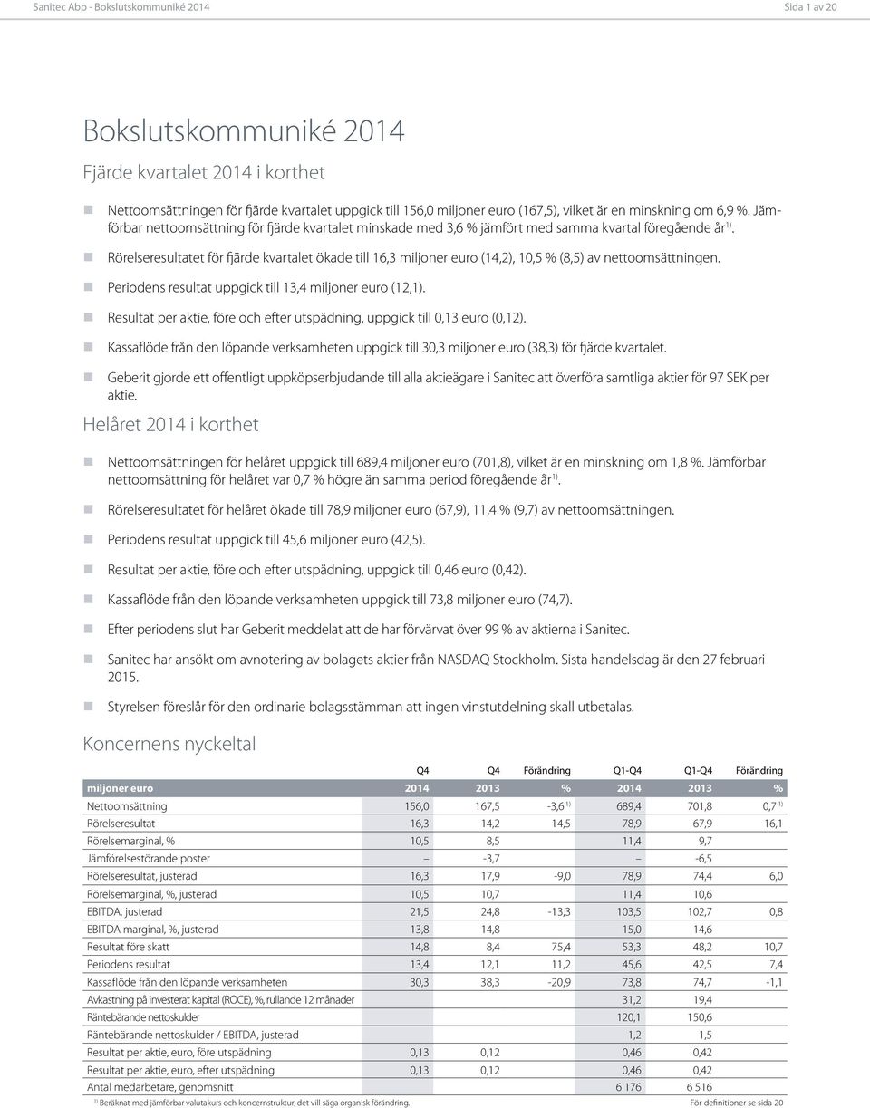 Rörelseresultatet för fjärde kvartalet ökade till 16,3 miljoner euro (14,2), 10,5 % (8,5) av nettoomsättningen. Periodens resultat uppgick till 13,4 miljoner euro (12,1).