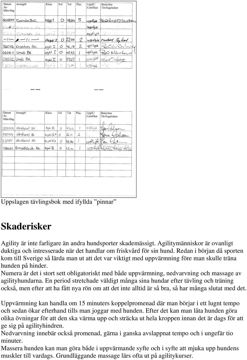 Redan i början då sporten kom till Sverige så lärda man ut att det var viktigt med uppvärmning före man skulle träna hunden på hinder.