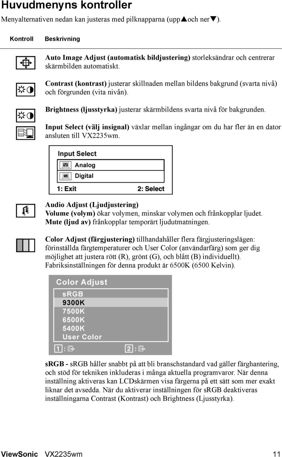 Contrast (kontrast) justerar skillnaden mellan bildens bakgrund (svarta nivå) och förgrunden (vita nivån). Brightness (ljusstyrka) justerar skärmbildens svarta nivå för bakgrunden.