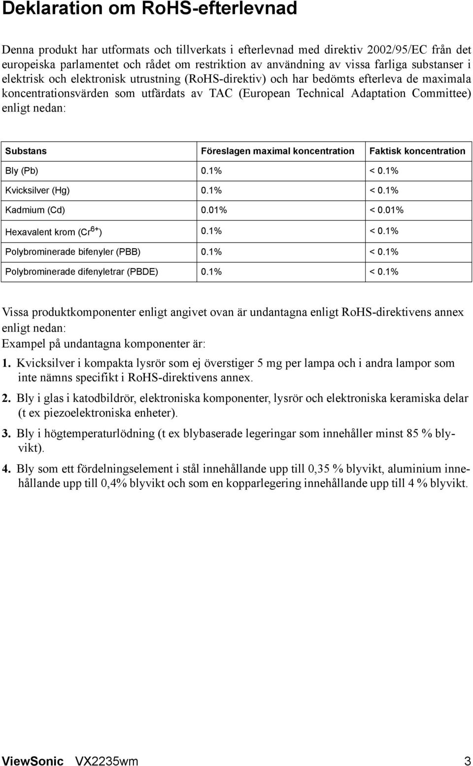 enligt nedan: Substans Föreslagen maximal koncentration Faktisk koncentration Bly (Pb) 0.1% < 0.1% Kvicksilver (Hg) 0.1% < 0.1% Kadmium (Cd) 0.01% < 0.01% Hexavalent krom (Cr 6+ ) 0.1% < 0.1% Polybrominerade bifenyler (PBB) 0.