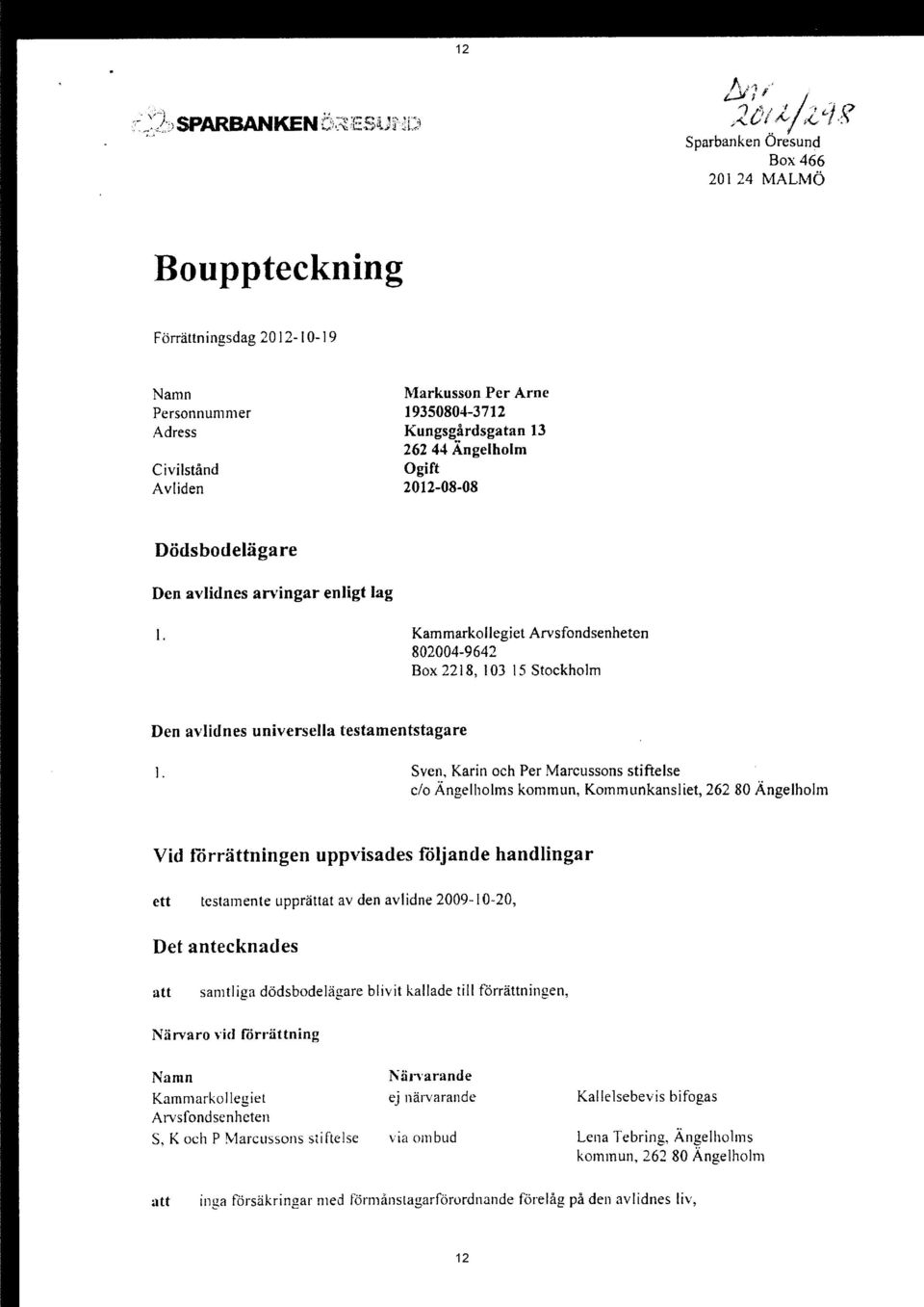 Avliden 2012-08-08 Dödsbodelägare Den avlidnes arvingar enligt lag 1. Kammarkollegiet Arvsfondsenheten 802004-9642 Box 2218, 103 15 Stockholm Den avlidnes universella testamentstagare 1.