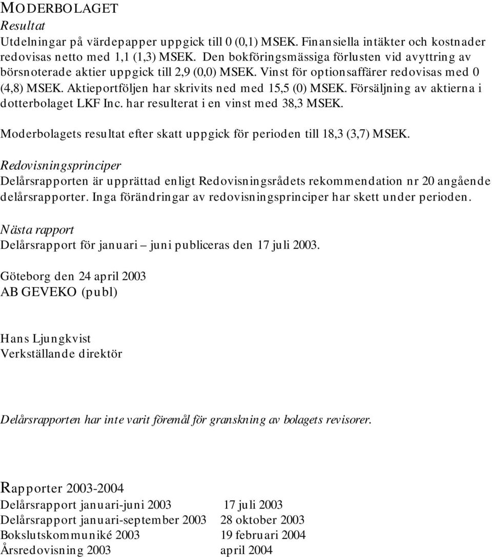 Aktieportföljen har skrivits ned med 15,5 (0) MSEK. Försäljning av aktierna i dotterbolaget LKF Inc. har resulterat i en vinst med 38,3 MSEK.