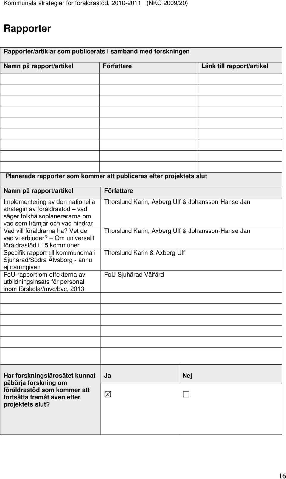 Om universellt föräldrastöd i 15 kommuner Specifik rapport till kommunerna i Sjuhärad/Södra Älvsborg - ännu ej namngiven FoU-rapport om effekterna av utbildningsinsats för personal inom