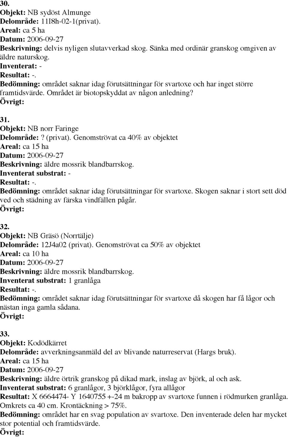 Genomströvat ca 40% av objektet Datum: 2006-09-27 Beskrivning: äldre mossrik blandbarrskog. Inventerat substrat: -. Bedömning: området saknar idag förutsättningar för svartoxe.