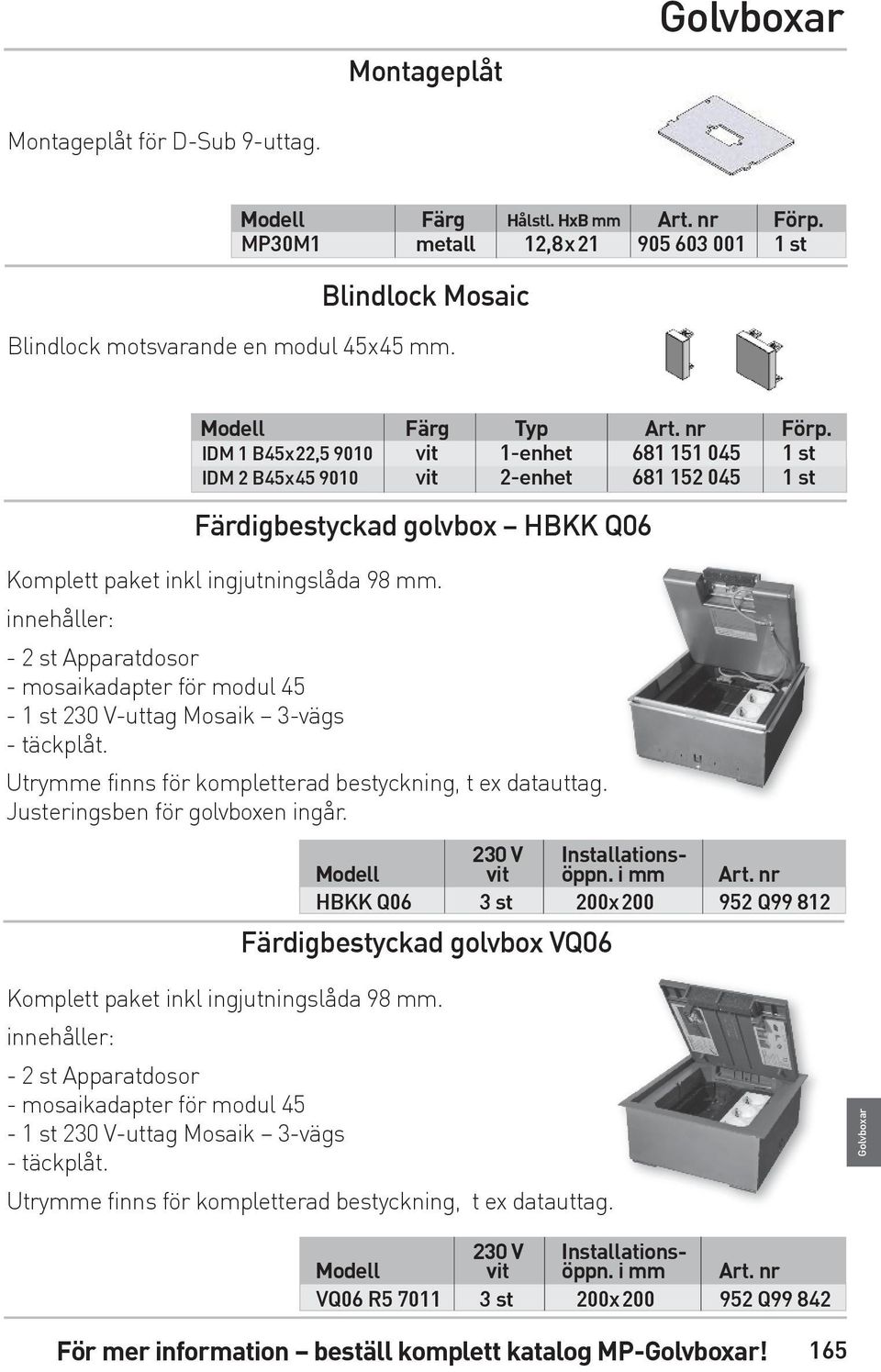 IDM 1 B45x22,5 9010 vit 1-enhet 681 151 045 1 st IDM 2 B45x45 9010 vit 2-enhet 681 152 045 1 st Färdigbestyckad golvbox HBKK Q06 Komplett paket inkl ingjutningslåda 98 mm.