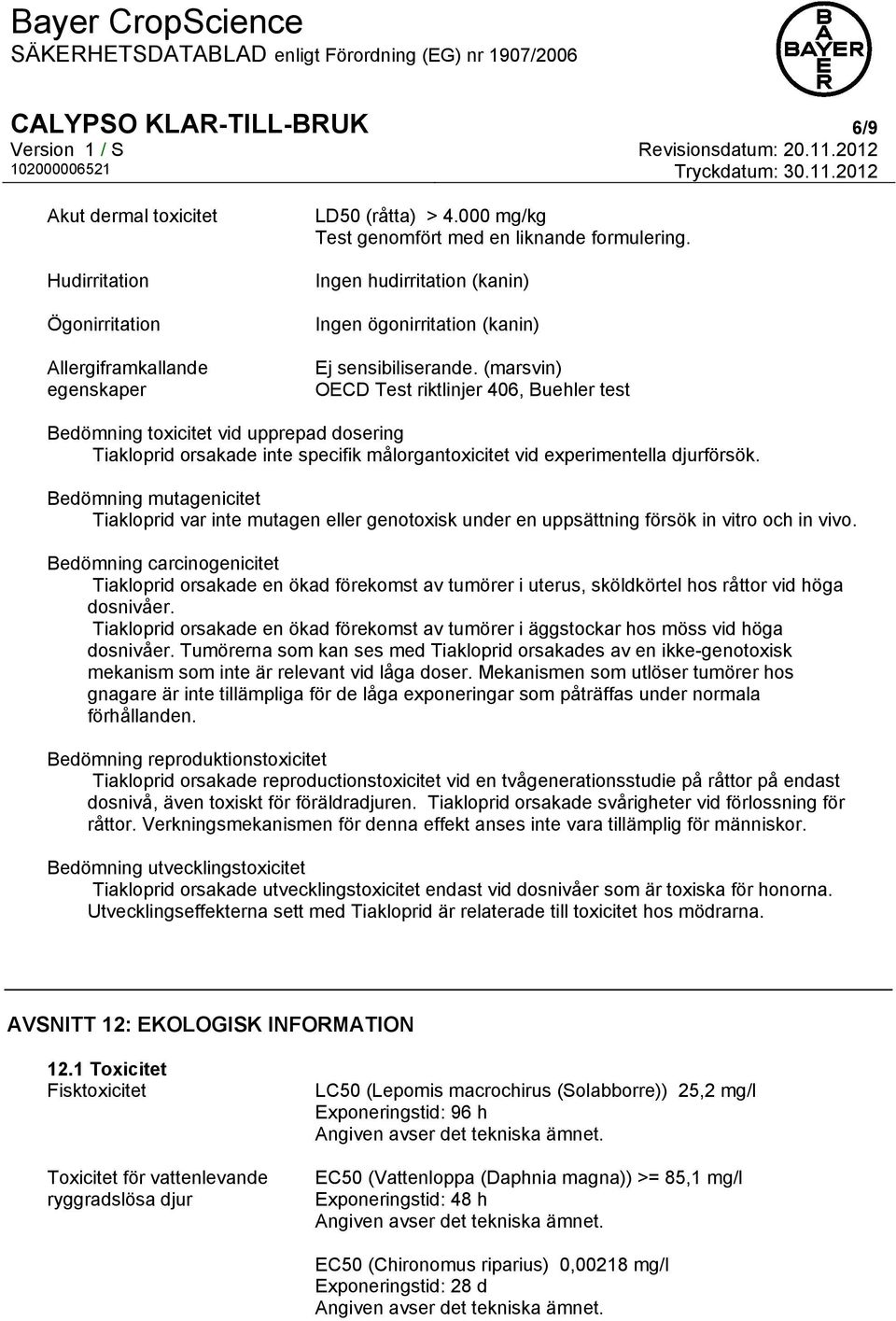 (marsvin) OECD Test riktlinjer 406, Buehler test Bedömning toxicitet vid upprepad dosering Tiakloprid orsakade inte specifik målorgantoxicitet vid experimentella djurförsök.